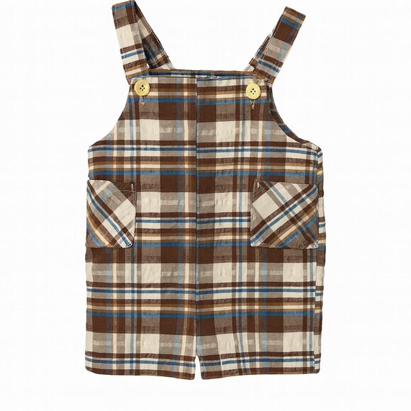 Vintage Donmoor Boys 4T Plaid Shortall Overalls Brown Blue Retro Style - Picture 1 of 7